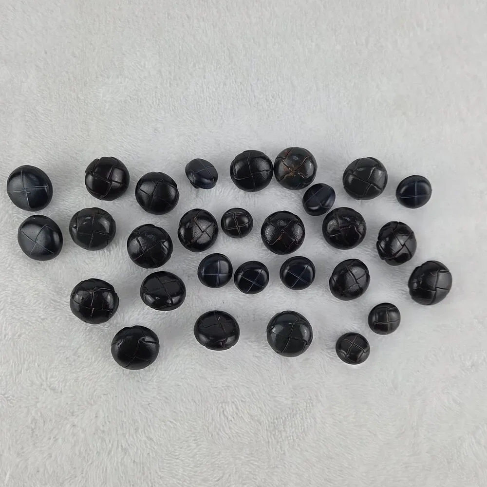 Vintage Plastic Shank Buttons Lot 29 Black Faux Leather Style